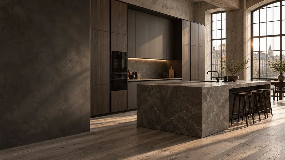 AXIO loft kitchen with wood cabinetry, a natural stone island and daylight through tall windows