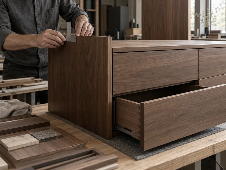 A maker checking the fit of a walnut cabinet in natural daylight